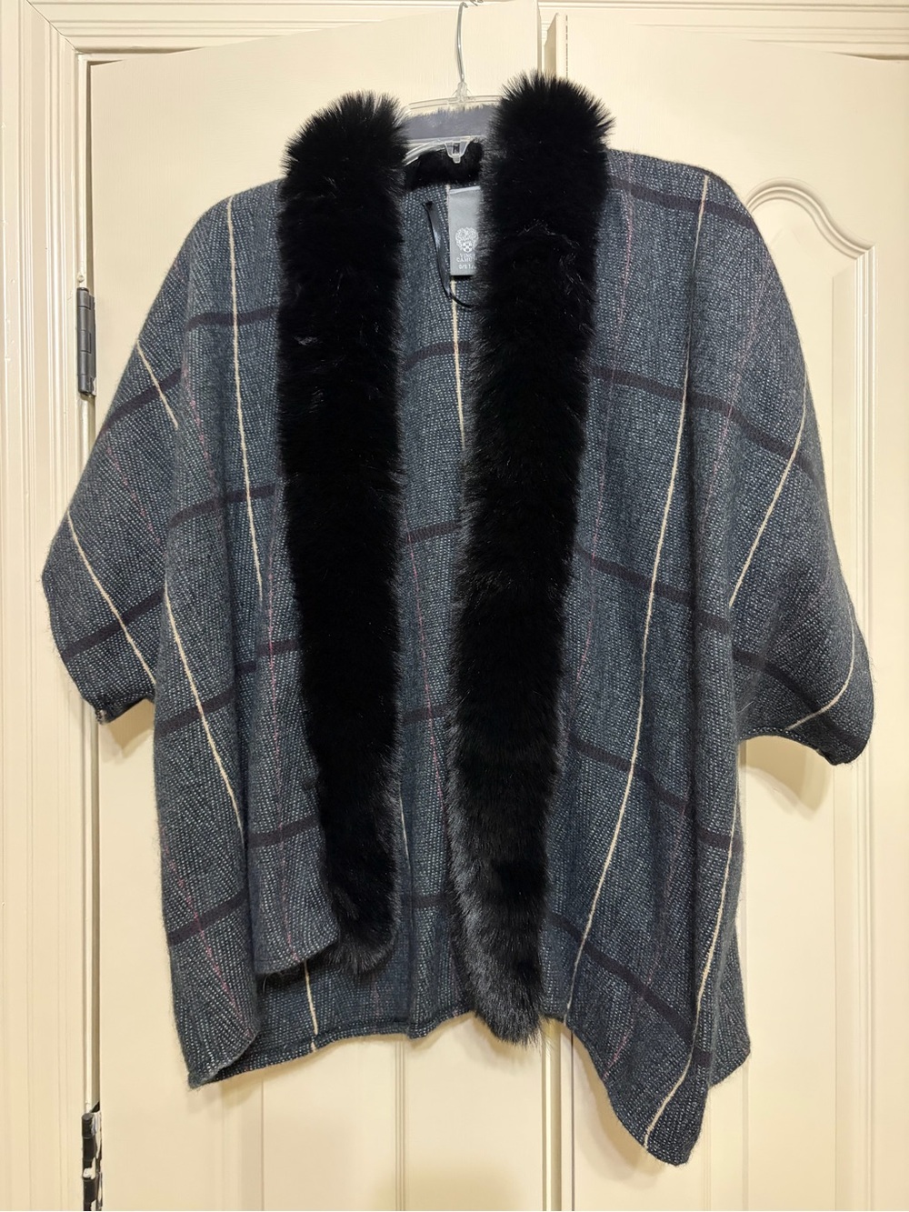 NWOT - Gray Plaid Open-Front Sweater with Black Faux Fur Trim